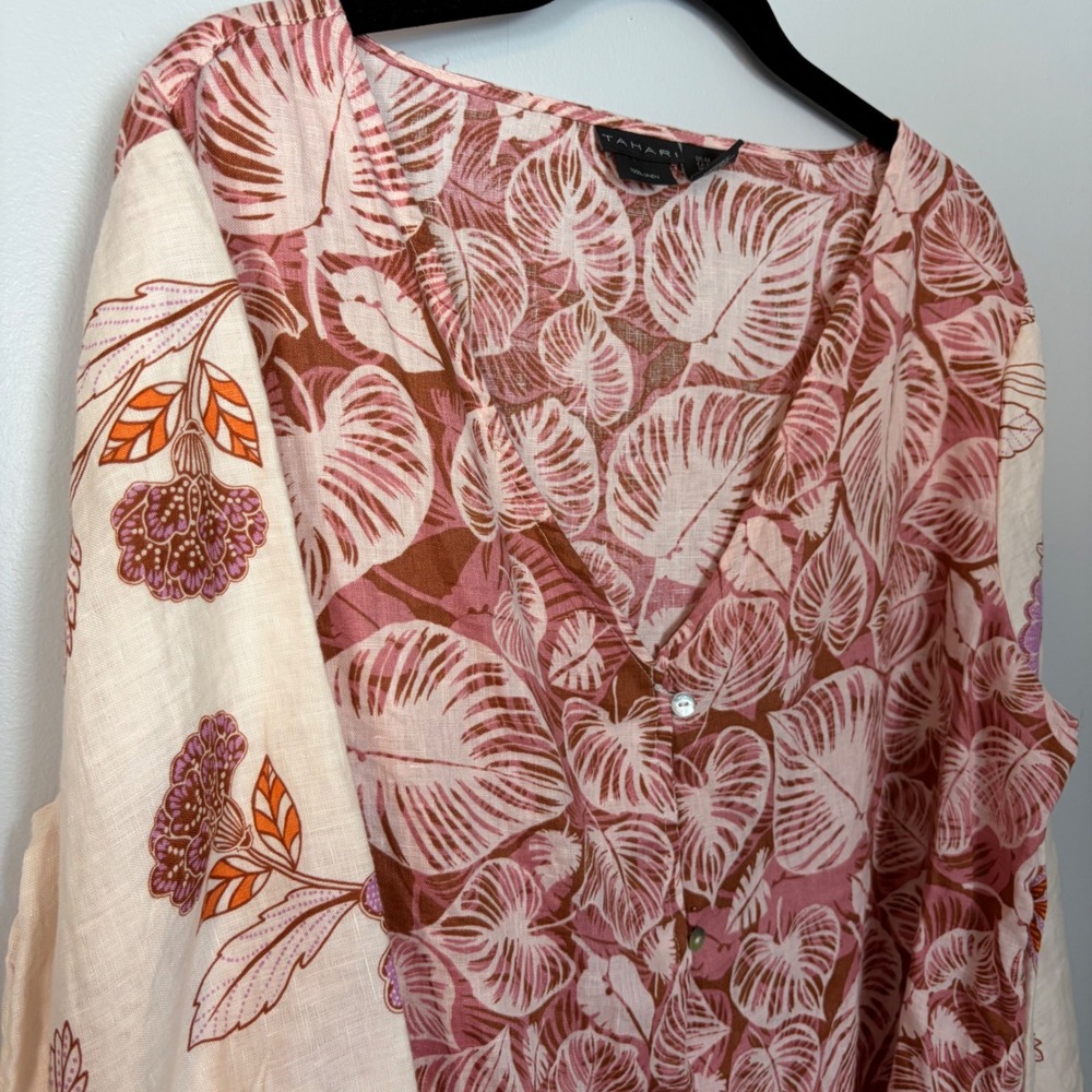 Tahari Blouse Linen Tropical Floral Boho Coastal Resortwear Grandmacore Women M